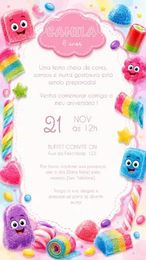 Convite de Aniversário Festa Doces Editável para Menina
