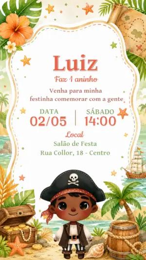 Convite de Aniversário Pirata Aquarela para Editar