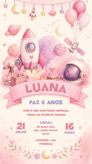 Convite de Aniversário Espacial Menina Rosa para Editar