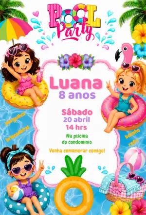 Convite de Aniversário Pool Party Infantil Colorido para Editar