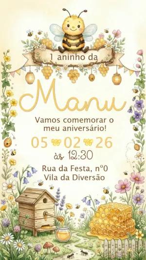 Convite de Aniversário Abelhinha Aquarela para Editar