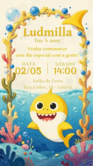 Convite de Aniversário Infantil Tubarão Amarelo para Editar