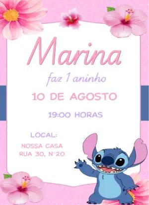 Convite Editável de Aniversário Stitch Rosa para Menina