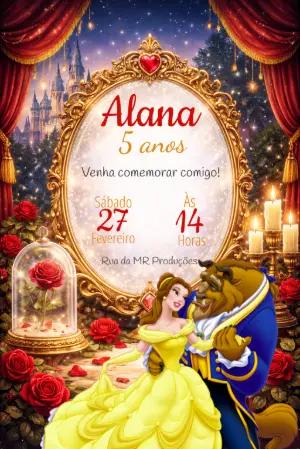 Convite Digital A Bela e a Fera Aniversário Infantil Editável