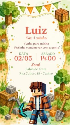 Convite de Aniversário Minecraft Editável Estilo Aquarela