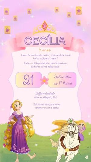 Convite de Aniversário Rapunzel Rosa e Lilás para Editar