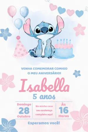 Convite de Aniversário Stitch Aquarela Rosa e Azul Editável