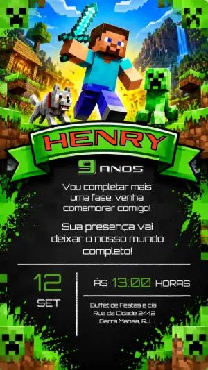 Convite de Aniversário Minecraft Editável para Festa Gamer