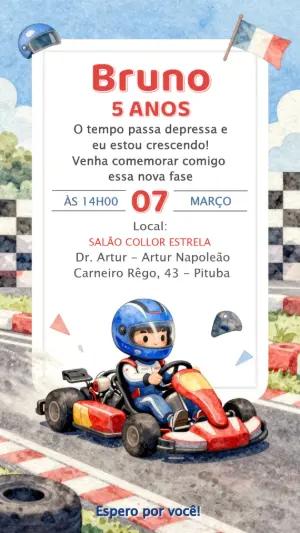 Convite de Aniversário Kart Corrida Aquarela para Editar