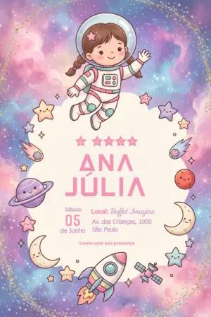 Convite Aniversário Astronauta Menina Editável Galáxia
