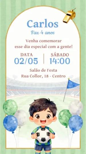 Convite Aniversário Infantil Futebol Aquarela para Editar
