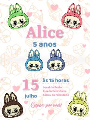 Convite de Aniversário Labubu com Personagens Fofos para Editar