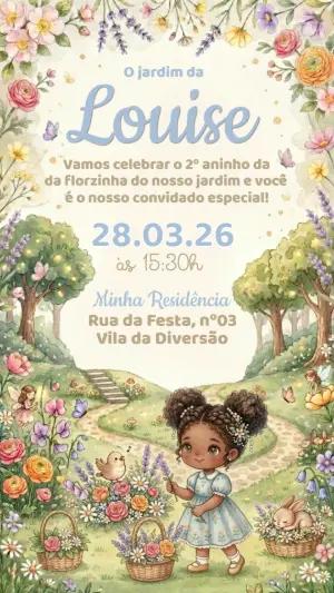 Convite Jardim Encantado com Menina Aquarela Editável