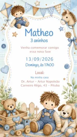 Convite de Aniversário Boneco de Pano Aquarela Editável