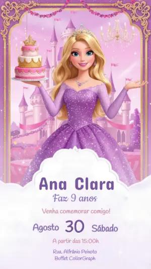 Convite de Aniversário Princesa Rosa e Roxo Modelo Editável