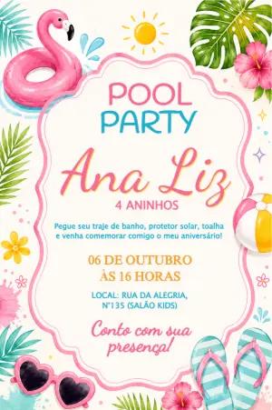 Convite Digital Aniversário Festa na Piscina Menina para Editar