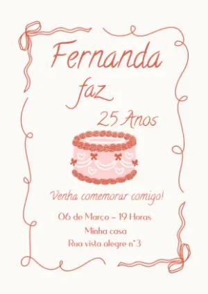 Convite de Aniversário Feminino com Bolo Vintage para Editar