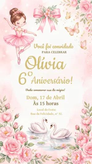 Convite de Aniversário Bailarina Rosa Delicado para Editar
