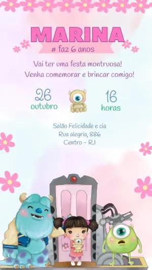 Vídeo Convite Monstros SA Menina | Aniversário Fofo Editável
