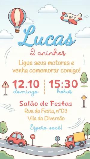 Convite de Aniversário Infantil Tema Transportes Editável
