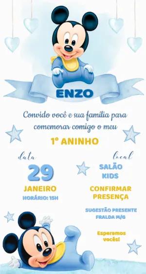 Convite de Aniversário Mickey Baby Azul Modelo Editável