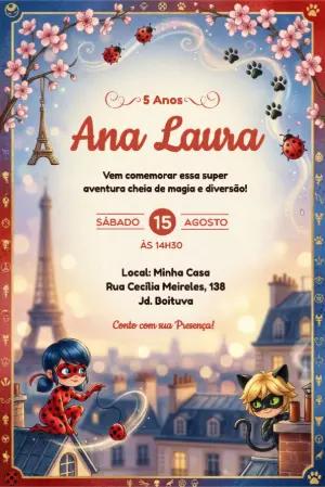 Convite de Aniversário Ladybug e Cat Noir Modelo Editável