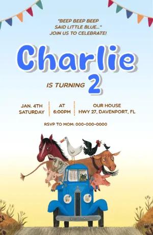 Editable Blue Truck & Farm Animals Birthday Invitation