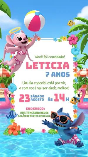Convite Aniversário Stitch e Angel Pool Party para Editar