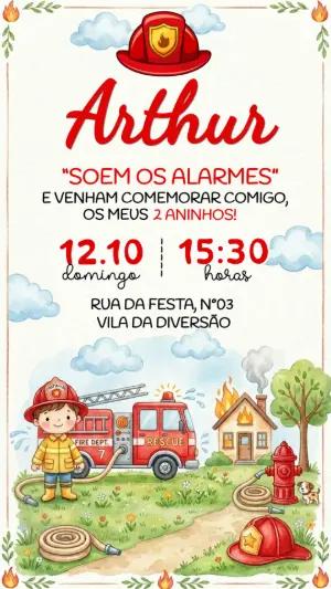 Convite de Aniversário Bombeiro Aquarela para Editar