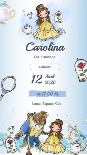 Convite de Aniversário A Bela e a Fera Editável Digital