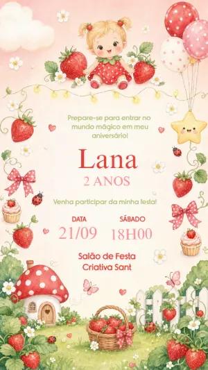 Modelo de Convite Infantil Moranguinho Delicado para Editar