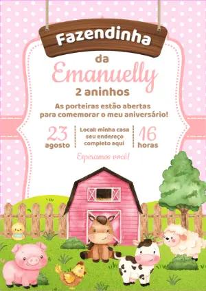 Convite de Aniversário Fazendinha Rosa com Bichinhos para Editar