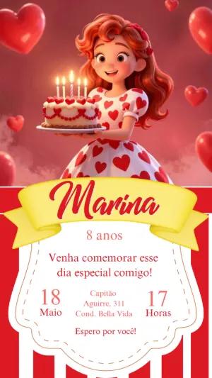 Convite de Aniversário Menina Corações Fofo Modelo Editável