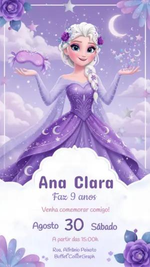 Convite Digital Festa do Pijama Princesa Elsa Roxo Editável