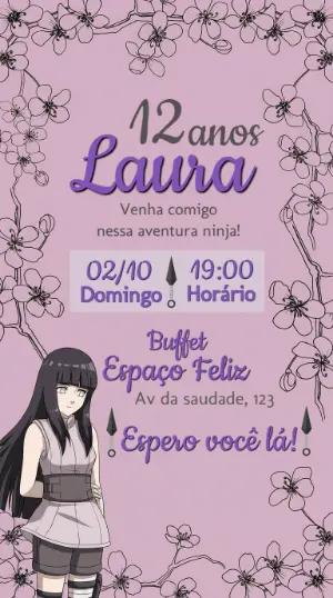 Convite de Aniversário Naruto Hinata Lilás para Editar