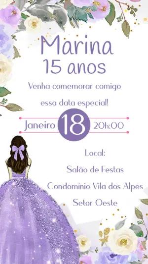 Convite de 15 Anos Lilás Floral Aquarela para Editar