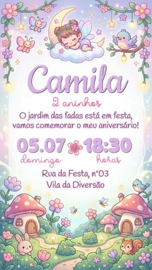 Convite Digital Aniversário Jardim das Fadas Fofo Editável