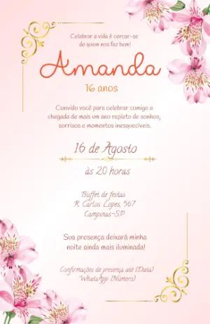 Convite Floral Rosa e Dourado Editável
