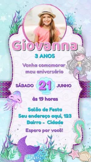 Convite Aniversário Sereia com Foto para Editar Online