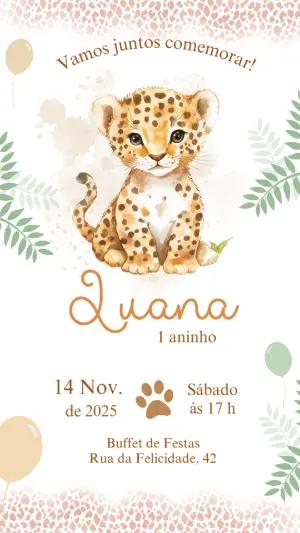 Convite de Aniversário Safari Leopardo Aquarela Editável