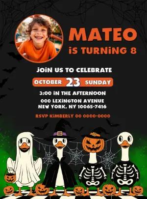 Editable Halloween Birthday Invite with Photo & Cartoon Ducks