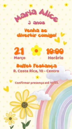 Convite de Aniversário Infantil Arco-íris e Margaridas Editável
