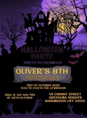 Spooky Halloween Birthday Invitation with Haunted House to Edit