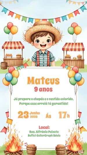 Convite Aniversário Festa Junina Menino para Editar Online