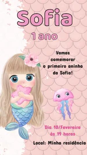 Convite de Aniversário Sereia Fofa Rosa para Editar Online