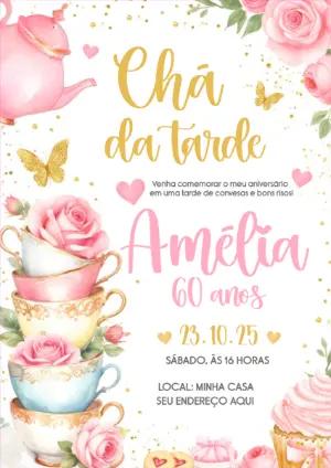 Convite Aniversário Chá da Tarde Floral para Editar Online