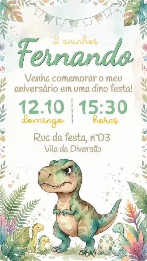 Convite de Aniversário Dinossauro Aquarela para Editar