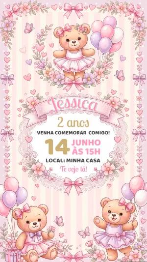 Convite de Aniversário Ursinha Bailarina Rosa Editável