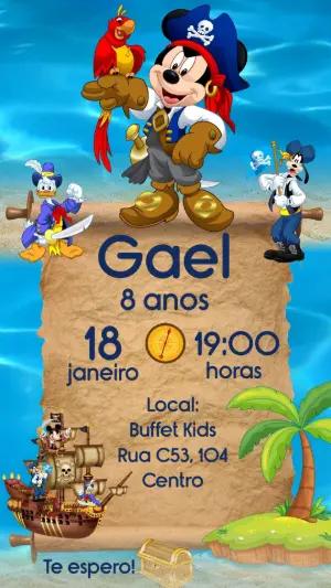 Convite de Aniversário Mickey Pirata Digital para Editar