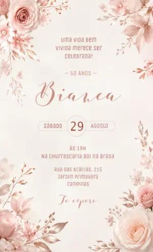 Convite 50 Anos Feminino Floral Rosê Gold para Editar
